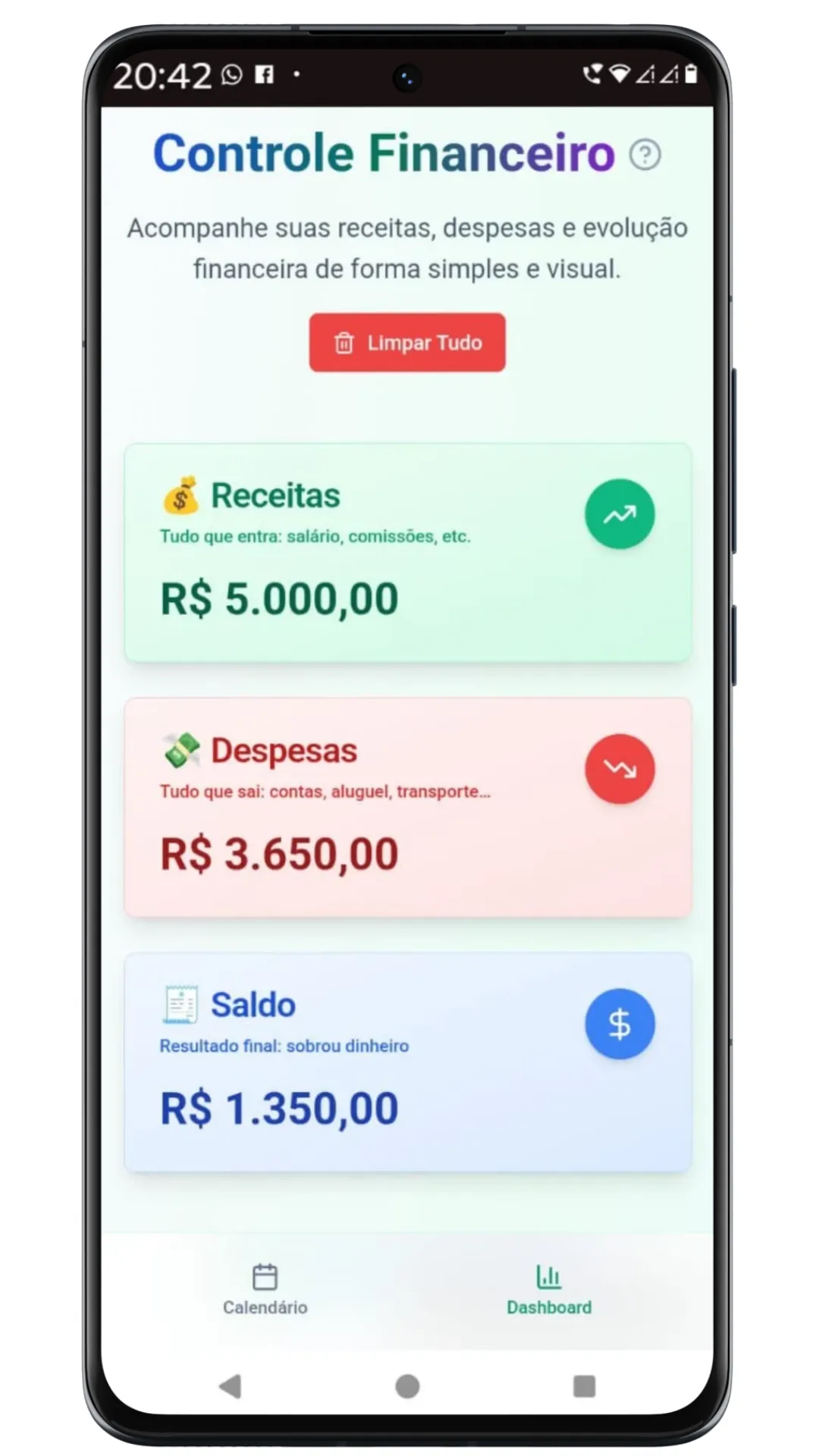 Interface do FinanceEdu mostrando receitas, despesas e saldo em tempo real